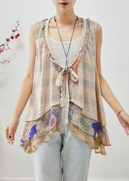 Khaki Lace Up Patchwork Ruffles Cotton Vests Sleeveless