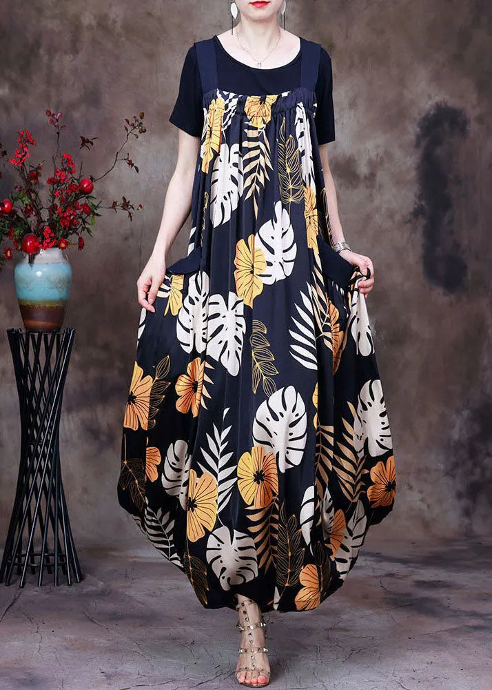 Italian Black Pockets Print Silk Pleated Spaghetti Strap Dress and Tank Two Pieces Set Summer