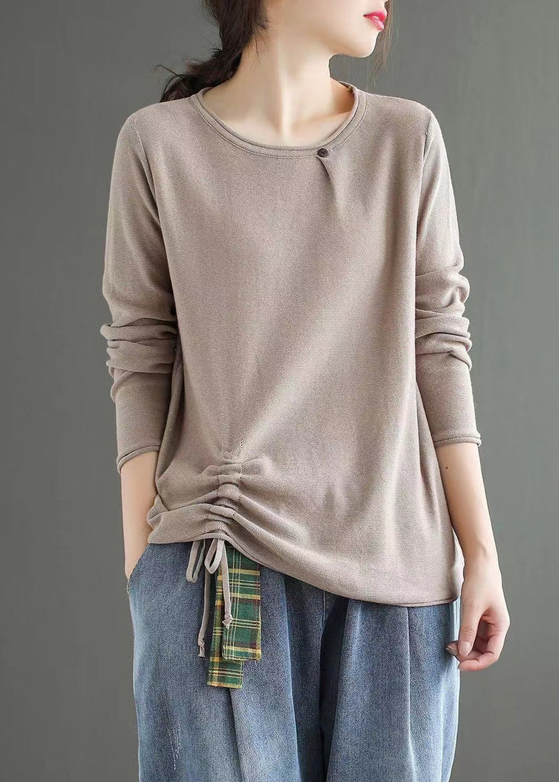 Light Camel O Neck Drawstring Patchwork Cotton Top Fall