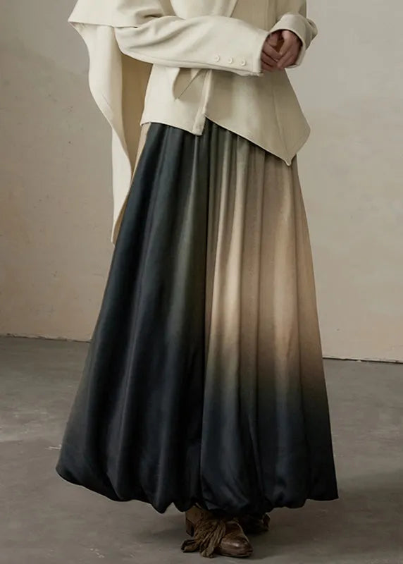 Gradient Color Patchwork Elastic Waist Silk Cotton Maxi Skirt Fall