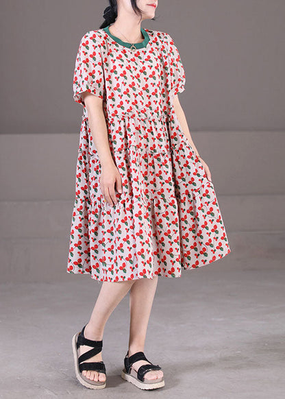 Red O-neck Patchwork Print Cotton a Line Dress Short Sleeve