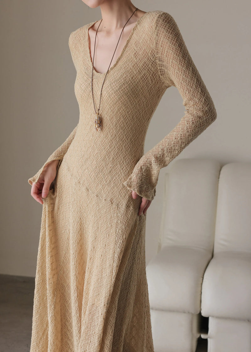 Handmade Khaki U Neck Maxi Dress Spring