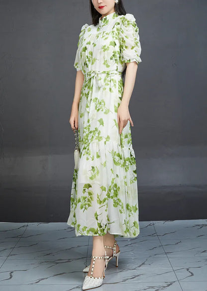 Green Wrinkled Print Tie Waist Chiffon Dress Summer