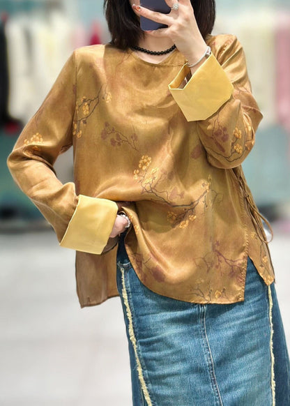 Chinese Style Yellow Button Print Lace Up Silk Shirt Long Sleeve
