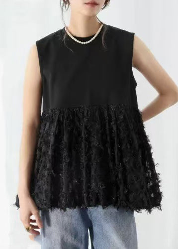 Black Patchwork Cotton a Line Tops Tasseled Sleeveless
