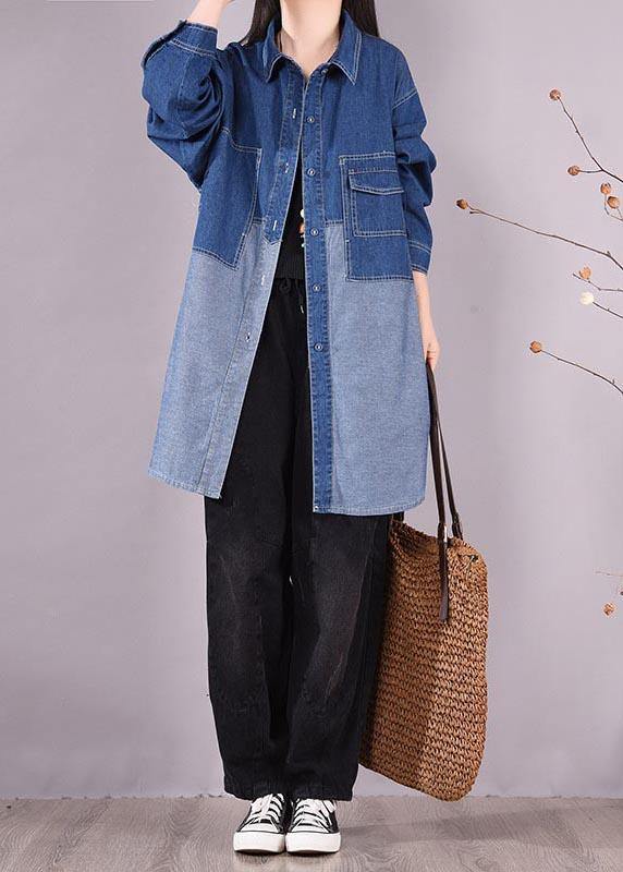 Denim Light Blue Long Shirts Lapel Patchwork Oversized Blouse