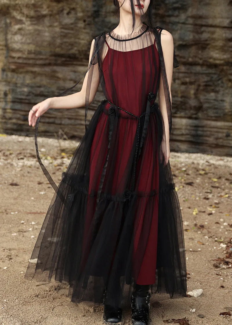 Black Stand Collar Tie Waist Tulle Dress Two Pieces Set Summer