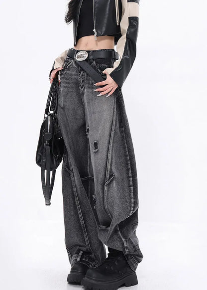 Stylish Black Pockets Patchwork Denim Ripped Pants Fall