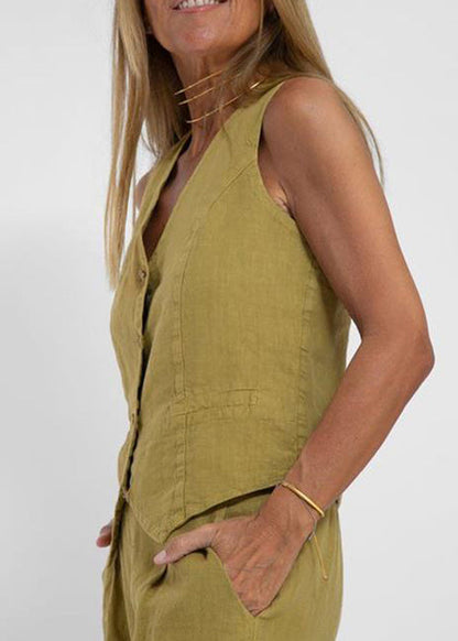 Olive Green Pockets Linen Two Pieces Set V Neck Summer