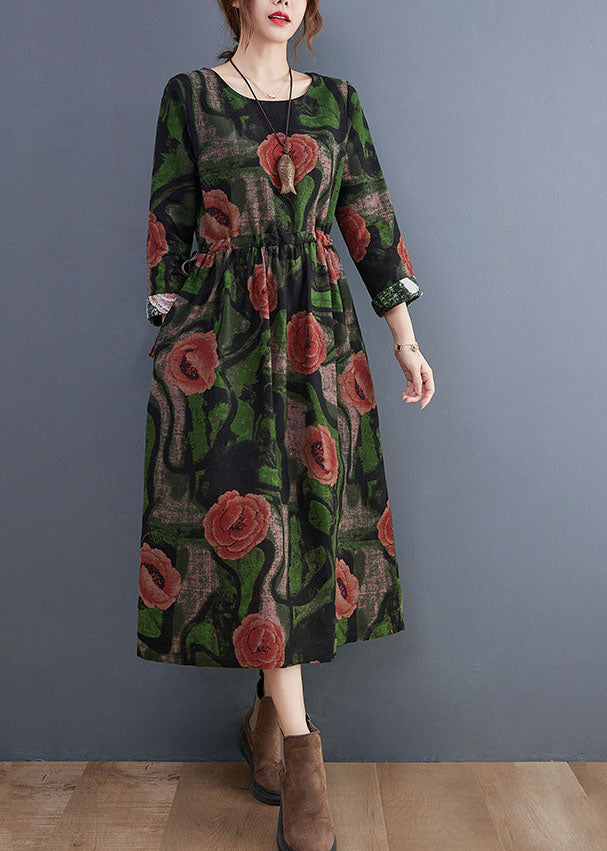Green O-neck Print Cotton Long Dress Long Sleeve