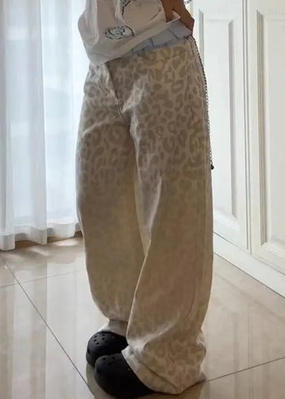 American Style Beige Leopard Patchwork Denim Pants Fall