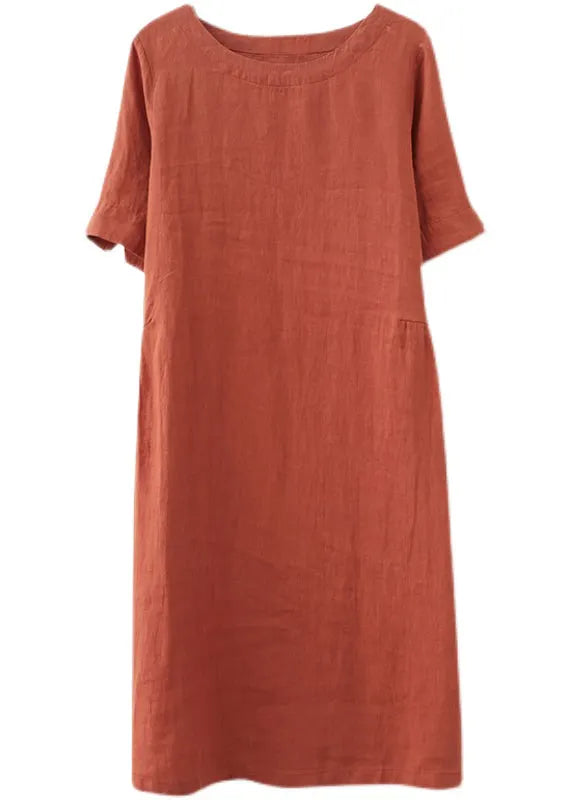 Orange O-neck Linen Dresses Short Sleeve