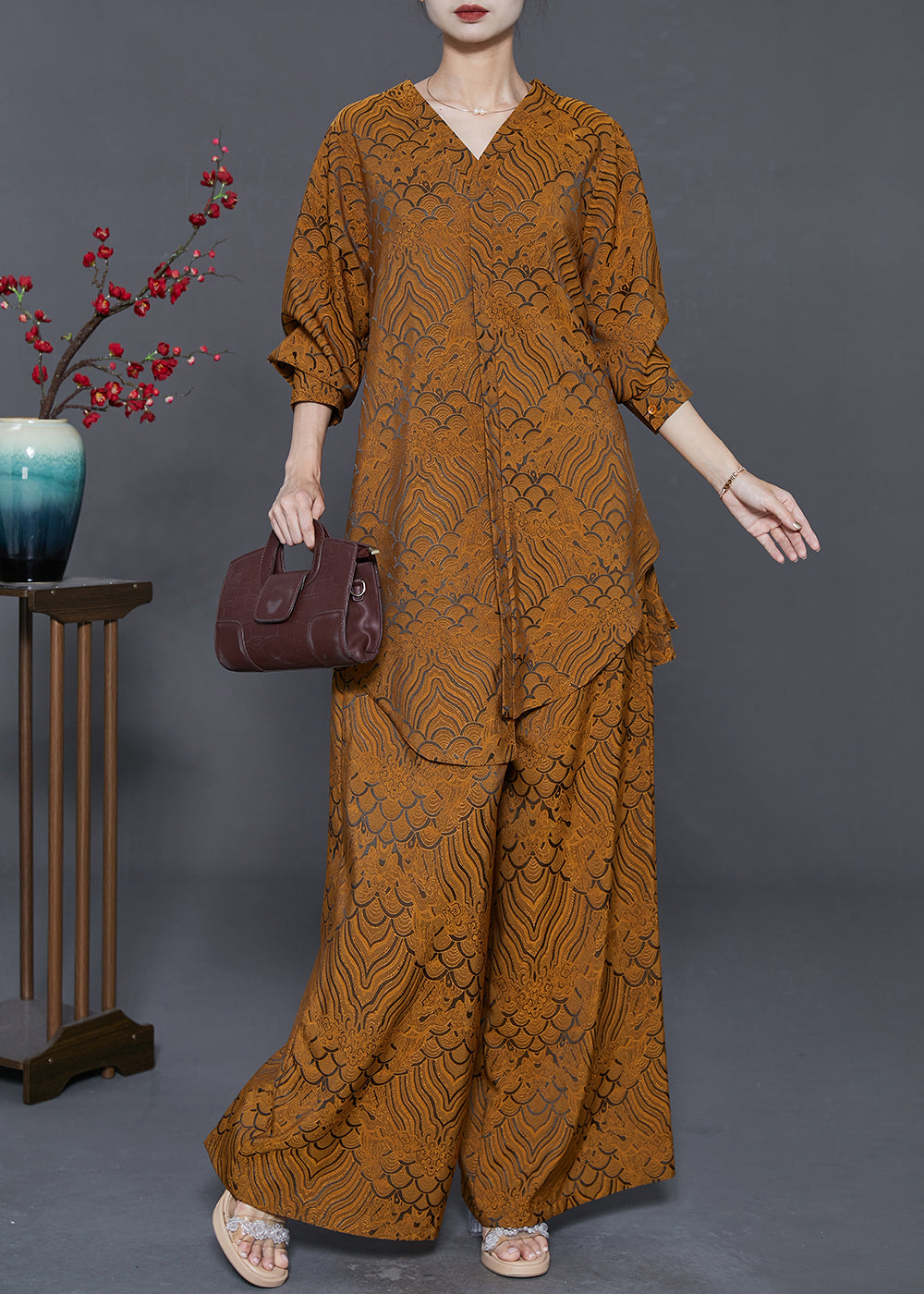 Yellow Oversized Print Silk Two Pieces Set Fall
