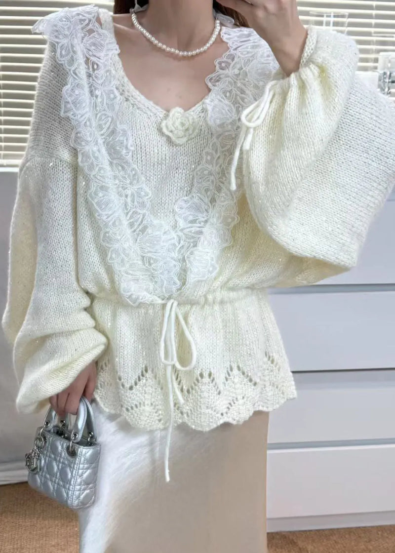 Grey Tie Waist Patchwork Lace Knit 2 Piece Outfit Winter