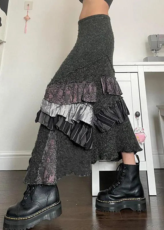Original Grey Asymmetrical Ruffled Patchwork Cotton Skirts Summer