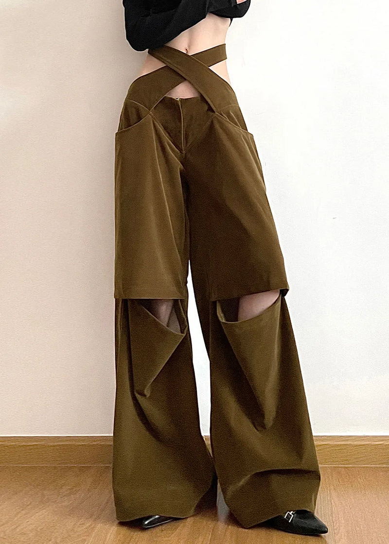 Brown Hollow Out Pockets Cotton Wide Leg Pants Fall