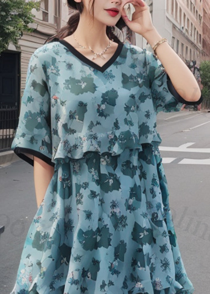Blue Ruffled Print Hollow Out Silk Dresses Summer