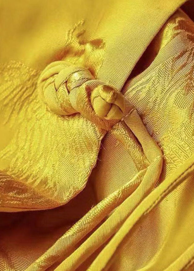 Yellow Mandarin Collar Jacquard Tassel Silk Shirt Top Long Sleeve