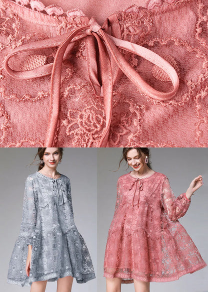 Blue Grey Hollow Out Lace Maxi Dress O-neck Embroideried Long Sleeve
