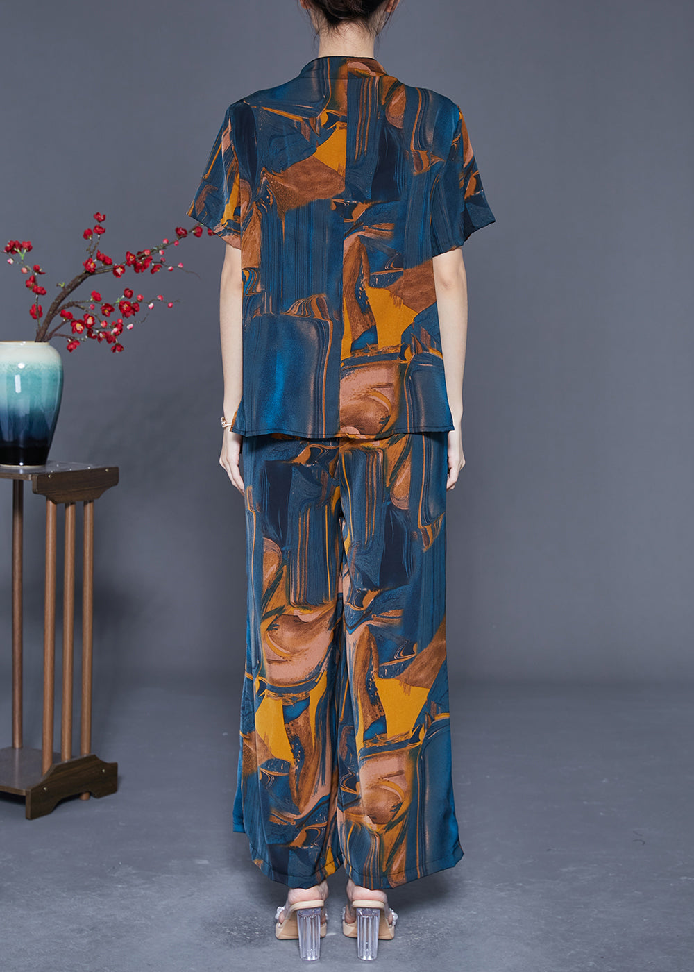 Navy V Neck Asymmetrical Print Silk Two Pieces Set Summer