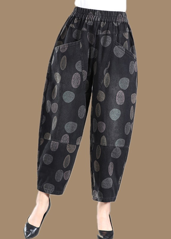 Black Print Pockets Elastic Waist Lantern Denim Pants Fall