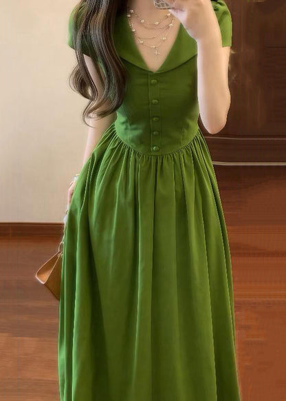 Green V Neck Wrinkled High Waist Cotton Maxi Dresses Summer