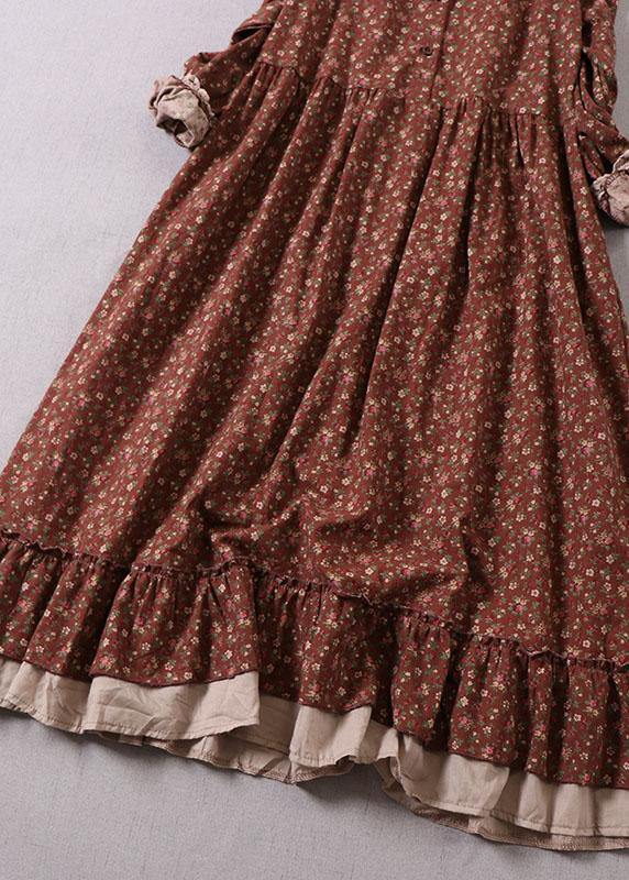 Grey Ruffles Ruffled Patchwork Fall Print Long Dresses Long Sleeve