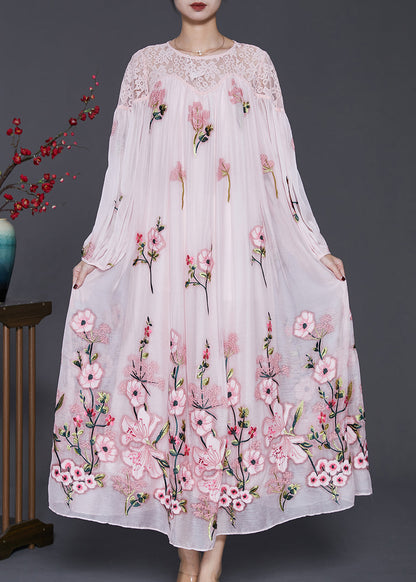Stylish Pink Embroidered Hollow Out Silk Velour Maxi Dresses Spring