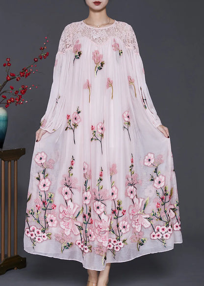 Stylish Pink Embroidered Hollow Out Silk Velour Maxi Dresses Spring