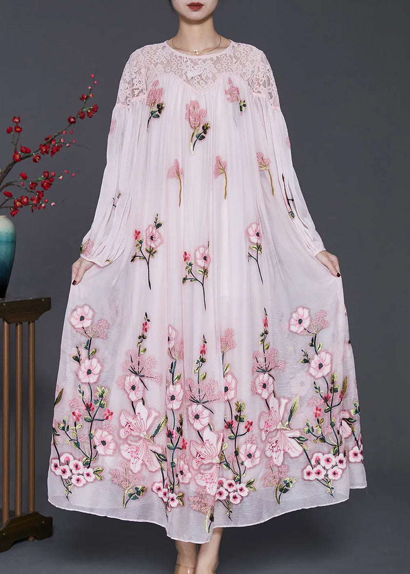 Stylish Pink Embroidered Hollow Out Silk Velour Maxi Dresses Spring