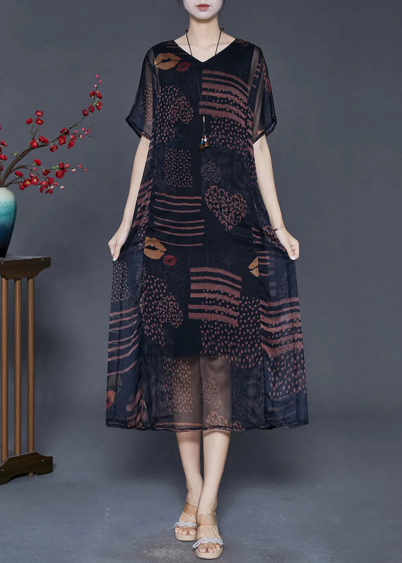 Black Oversized Print Chiffon Long Dress Summer