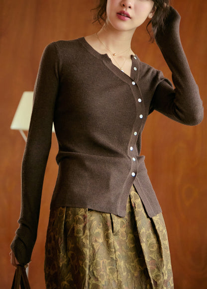 Coffee O Neck Button Slim Fit Woolen Knit Top Fall