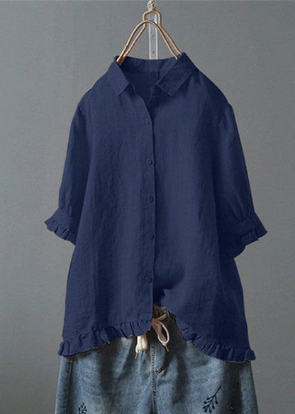 Loose White Ruffled Button Cotton Shirt Summer