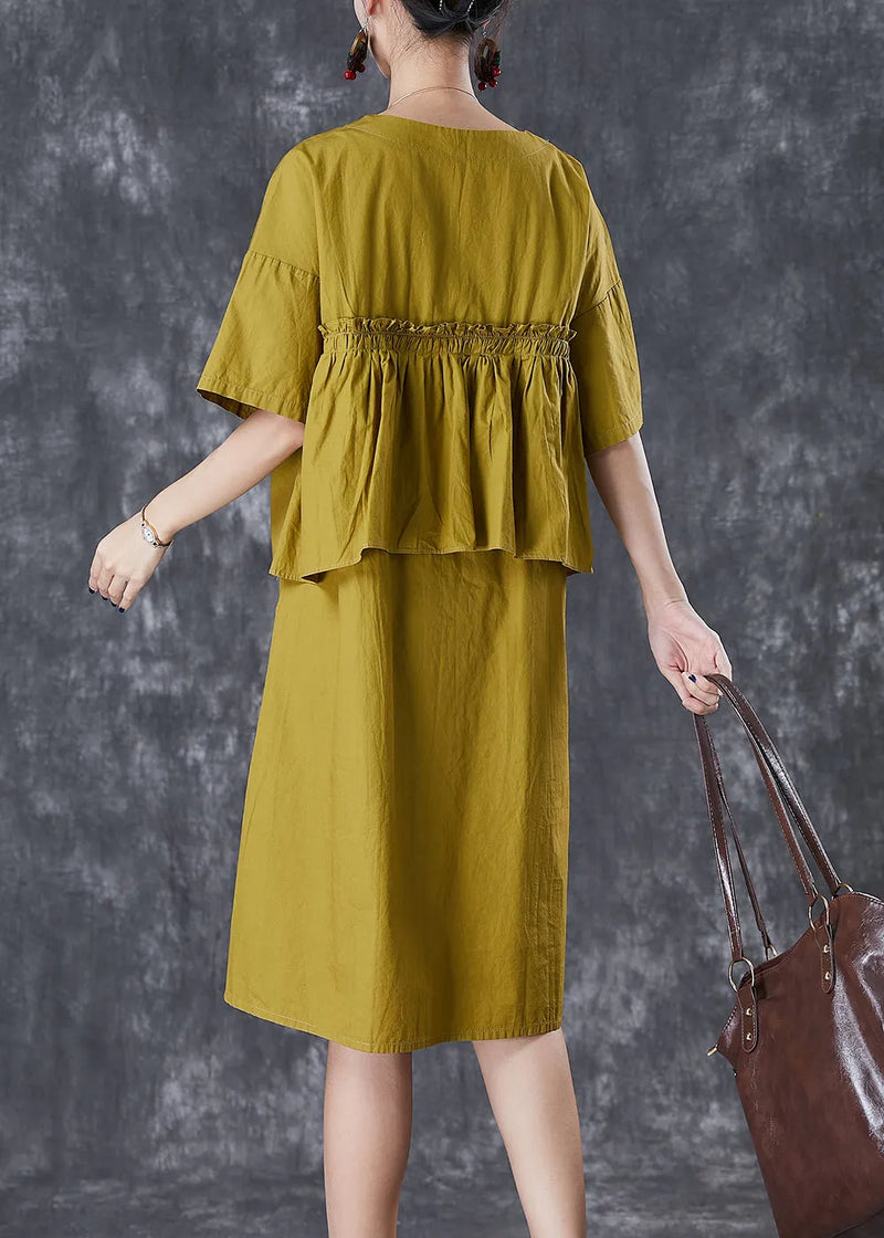 Green Ruffled Patchwork Cotton Fake Two Piece Dress Fall