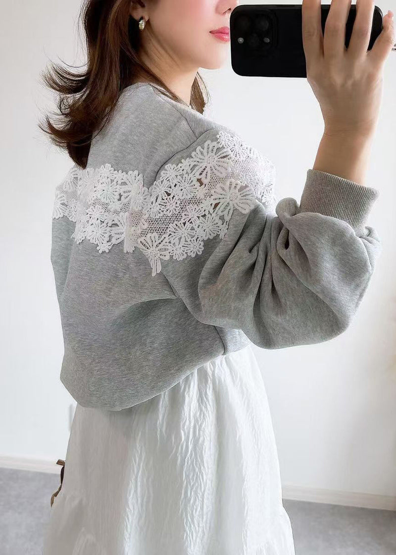 Grey O Neck Lace Patchwork Cotton Sweatshirts Fall