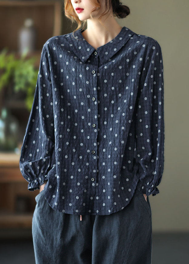 Navy Peter Pan Collar Dot Print Linen Blouses Lantern Sleeve