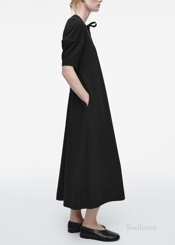 Black Puff Sleeve Tie Waist Cotton Party Dress