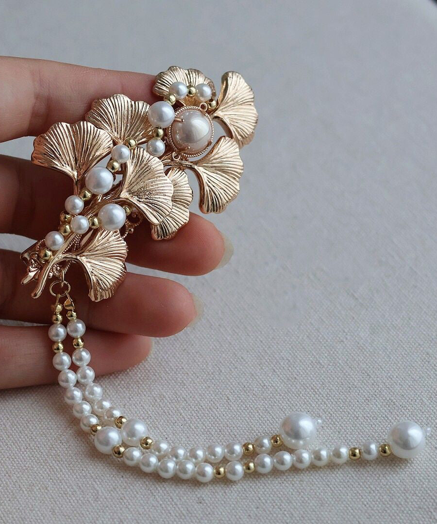 Classy Yellow Alloy Pearl Ginkgo Leaf Tassel a Pair Hairpin