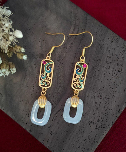 Gold Ancient Gold Jade Enamel Ping Buckle Drop Earrings