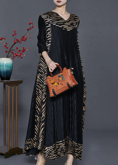 Black Oversized Print Wrinkled Silk Holiday Dresses Spring