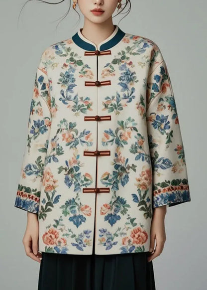 Apricot Stand Collar Print Coats Bracelet Sleeve