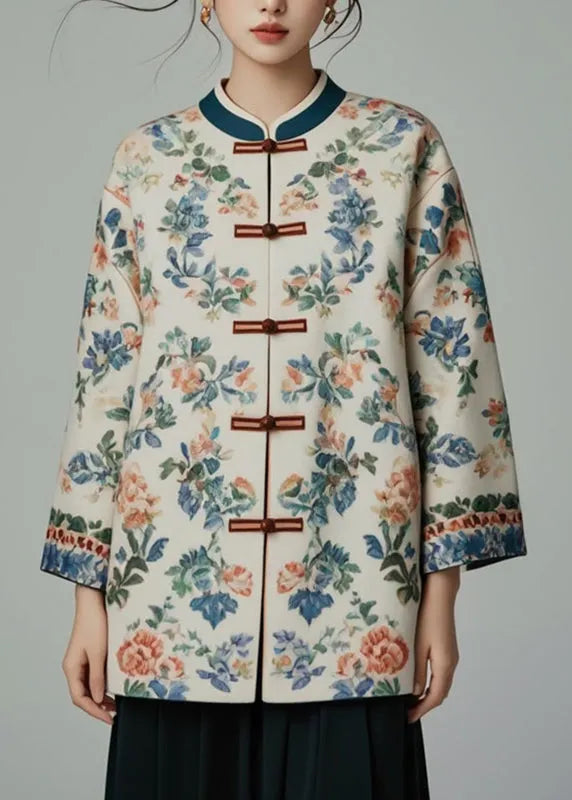 Apricot Stand Collar Print Coats Bracelet Sleeve