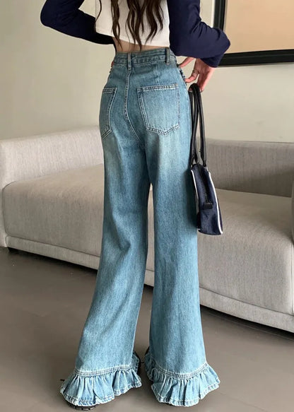 Modern Blue Wrinkled High Waist Denim Wide Leg Pants Spring
