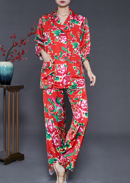 Red Peter Pan Collar Print Draping Silk Two Piece Set Fall