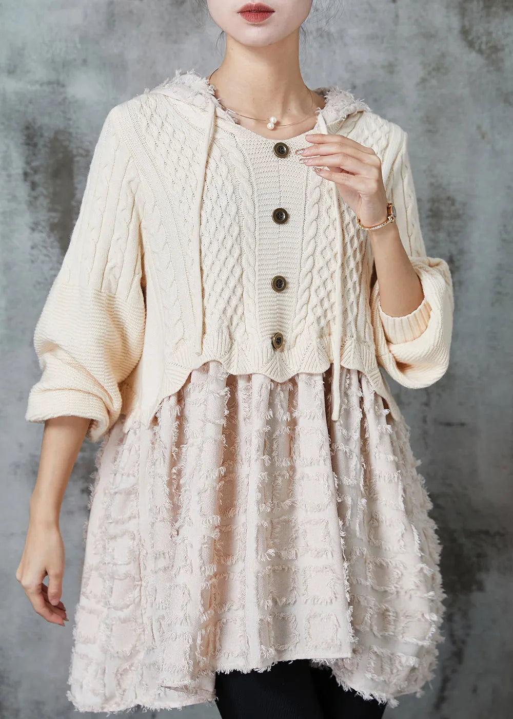 Beige Hooded Patchwork Knit Dress Spring