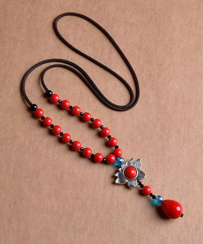 Crystal Patchwork Red Cinnabar Pendant Necklace