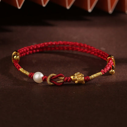 Buddha Stones 24k Gold Wish Ruyi Handle Fu Character Rabbit Pearl Luck Braided Bracelet