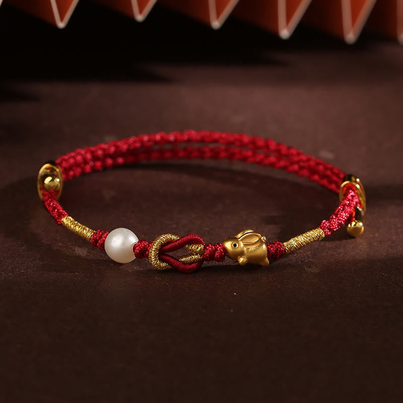 Buddha Stones 24k Gold Wish Ruyi Handle Fu Character Rabbit Pearl Luck Braided Bracelet
