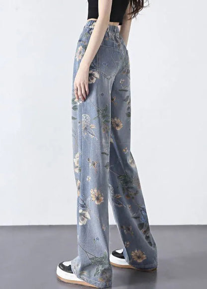 Diy Blue Print Zippered Long Straight Jeans