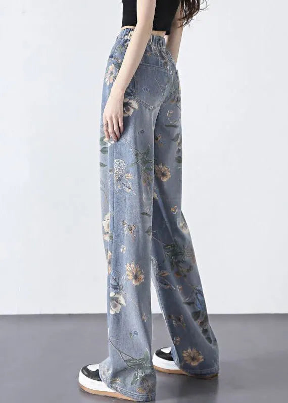 Diy Blue Print Zippered Long Straight Jeans